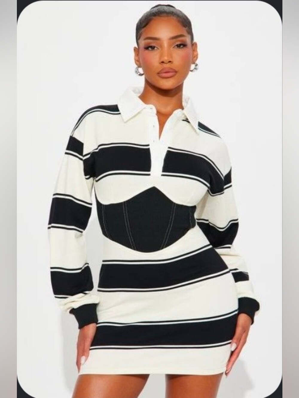 Fashion Nova Striped Polo-Style Corset Mini Dress in Black and Cream